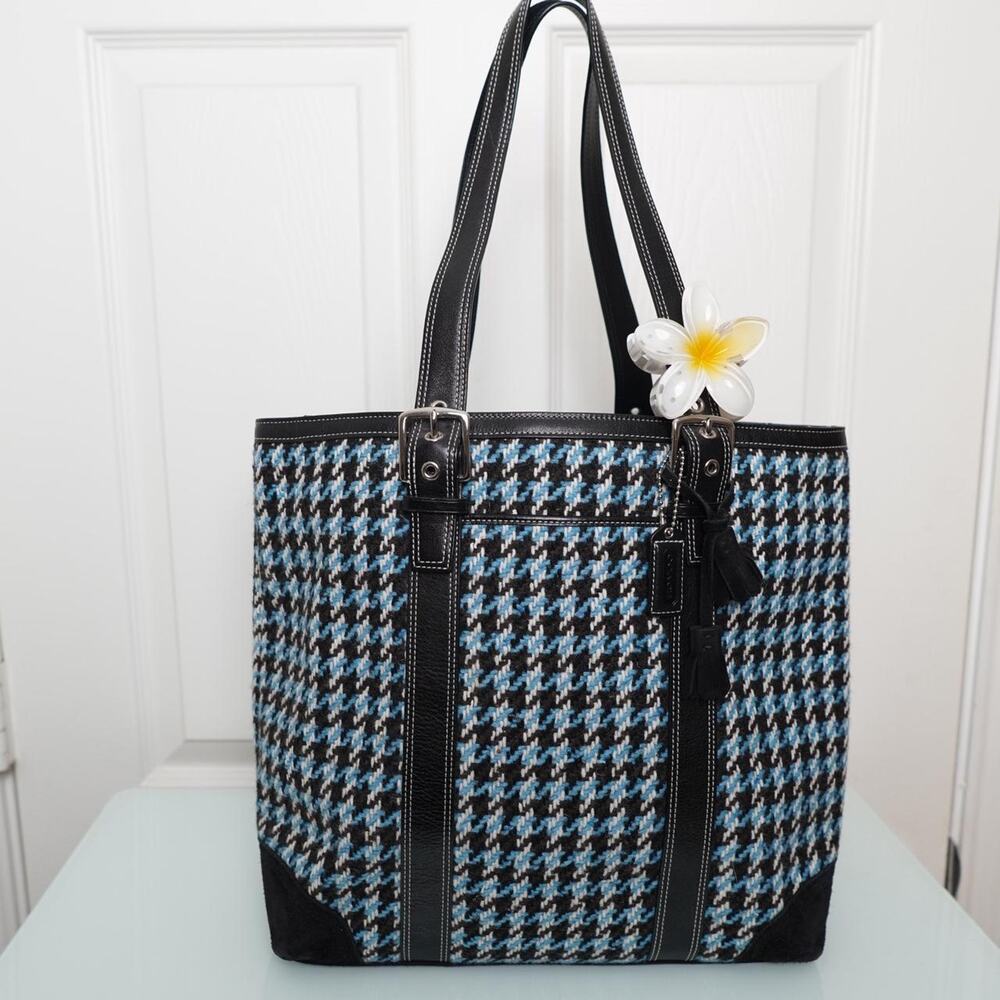 Coach Houndstooth Tote Bag Blue Black